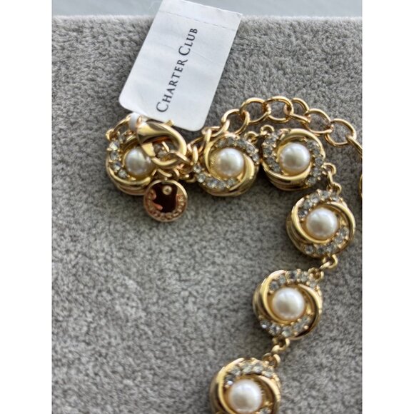 Charter Club Gold-Tone Necklace With Faux Pearls & Rhinestone Accents 20" Adjust - Picture 6 of 7
